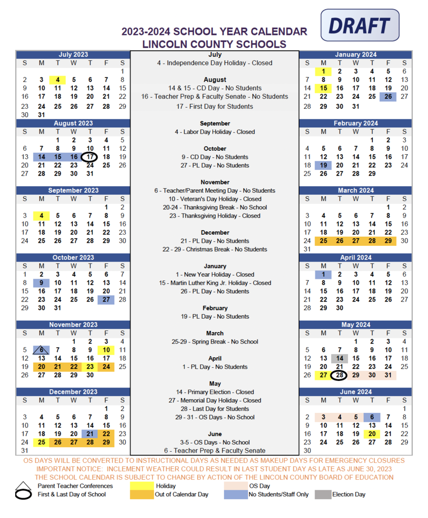 2023-2024 Lincoln County Schools Draft Calendar